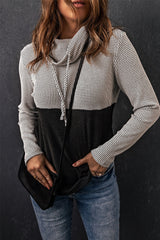 Gray Drawstring Cowl Neck Color Block Sweatshirt
