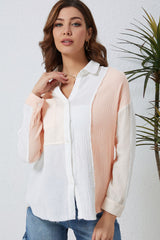 Khaki Color Block Buttoned Raw Hem Textured Shirt