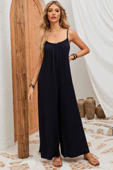Black Frilled Neckline Backless Wide Leg Jumpsuit