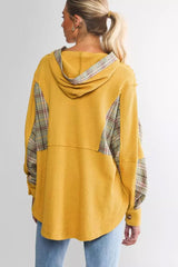 Yellow Waffle Knit Plaid Patchwork Pocketed Henley Hoodie