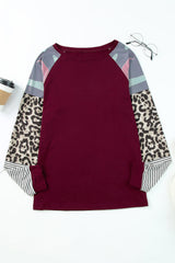 Burgundy Camouflage Striped Leopard Splicing Blouse
