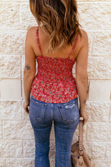 Red Floral Print Smocked Flounce Spaghetti Strap Camisole