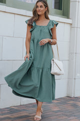 Green Smocked Neckline Flutter Sleeve Maxi Dress