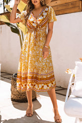 Yellow Floral Wrapped V Neck Tied Ruffled Sleeves Midi Dress