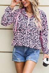 Leopard Print Zipper Kangaroo Pocket Pullover Hoodie