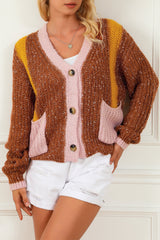 Brown Dual Pockets Colorblock Sweater Cardigan