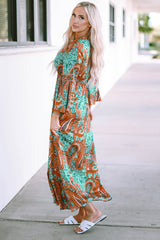 Green Boho Paisley Mix Print Long Sleeve V-Neck Tie Maxi Dress