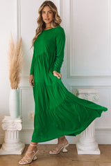 Green Asymmetrical Tiered Long Sleeve Maxi Dress
