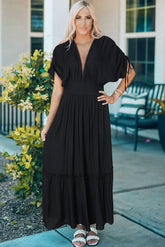 Black Drawstring Pleated Kimono Sleeve Ruffle Maxi Dress