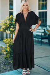 Black Drawstring Pleated Kimono Sleeve Ruffle Maxi Dress