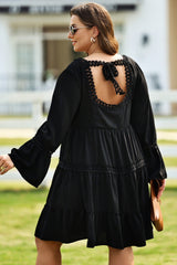 Black Lace Trim Tie Back Plus Size Tiered Swing Dress