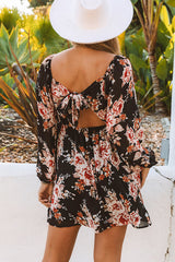 Black Floral Print Tie Back Mini Dress