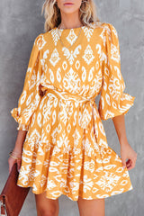 Yellow Ethnic Vibe Printed Sash Mini Dress