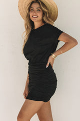 Black Chest Pocket Loose T-shirt Ruched Bodycon Mini Dress