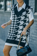Black Houndstooth Sweater Vest with Slits
