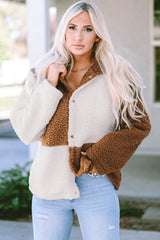 Brown Color Block Sherpa Button Up Jacket