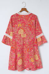 Multicolor Crochet V Neck 3/4 Sleeves Ruffle Dress