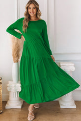 Green Asymmetrical Tiered Long Sleeve Maxi Dress