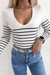 White Scalloped Trim Striped Print Sweater