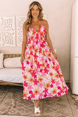 Red Halter Neck Backless Floral Print Maxi Dress with Ties