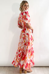 Red Short Puff Sleeve Floral Tiered Maxi Dress
