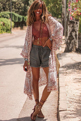 Red Boho Print Billowy Longline Kimono
