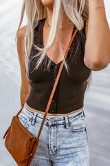 Brown V Neck Buttoned Ribbed Knit Cropped Sweater Vest