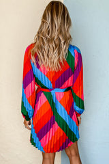 Multicolor Color Block Pleated Lace-up High Waist Mini Dress