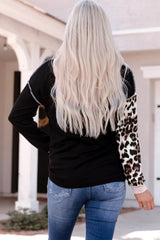 Black Leopard Patchwork Buttoned Hooded Sweatshirt