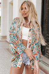 Green Paisley Floral Print Open Front Flowy Kimono