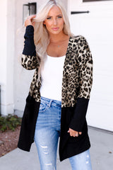 Black Leopard Print Patchwork Pocket Cardigan