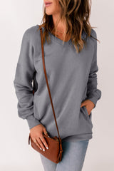 Gray Ribbed V Neck Drop Shoulder Sweatshirt