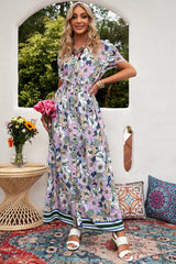 Purple Buttons Closure Floral Short Sleeves Maxi Dress