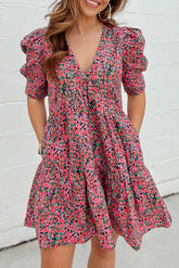 Red Vintage Puff Sleeve Side Pockets Floral Dress