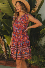 Red Retro Boho Flutter Shoulder Floral Dress