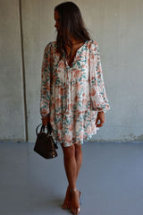 White Loose Bubble Sleeves Floral Print Dress