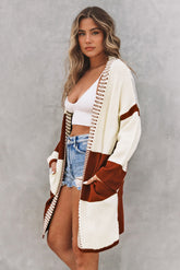 Red Chunky Block Pattern Knit Open Front Cardigan