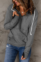 Gray Half Zip Pocketed Thumbhole Sleeve Hoodie