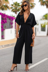 Black Deep V Neck High Waist Wide Leg Jumpsuit