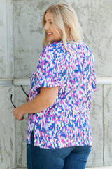 Purple Plus Size Printed Round Neck Bubble Sleeve Blouse