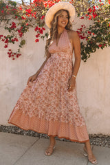 Pink Flora Print Halter Neck Tie Back Maxi Dress