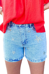 Sky Blue Silver Star High Rise Denim Shorts