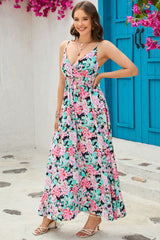 Green Sling V-Neck Elastic Waist Floral Maxi Dress