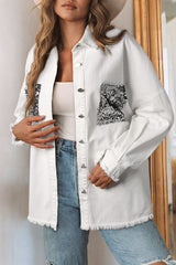 White Sequin Pockets BF Distressed Shacket