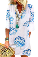 White Abstract Dandelion Print Half Sleeve Dress