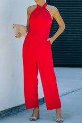 Red Halter Neck Sleeveless Wide Leg Jumpsuit