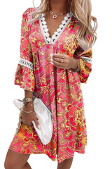 Multicolor Crochet V Neck 3/4 Sleeves Ruffle Dress