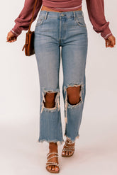 Sky Blue Distressed Knee Holes Straight Leg Jeans