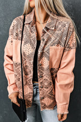 Pink Geometric Print Ripped Shirt Jacket with Pockets