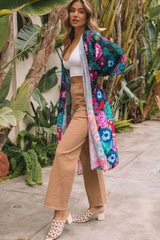 Multicolor Bohemian Floral Print Half Sleeve Open Front Kimono